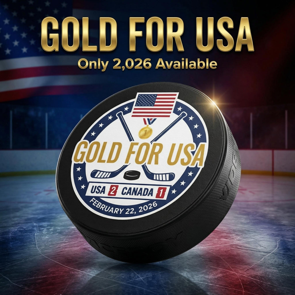 "Gold For USA" Commemorative Hockey Puck - Only 2,026 Available